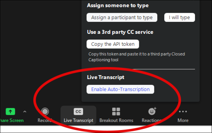 Screenshot showing how to click Live Transcript, and click Enable Auto-Transcription