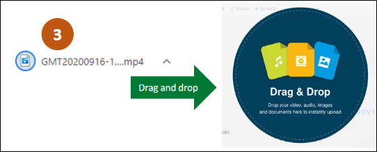 Annotated screenshot showing how to drag and drop the downloaded file to YuJa