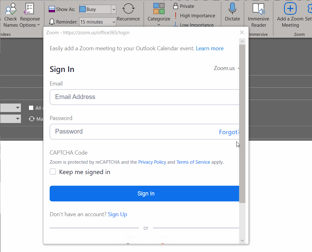 Animation showing how to tie Zoom account to Outlook