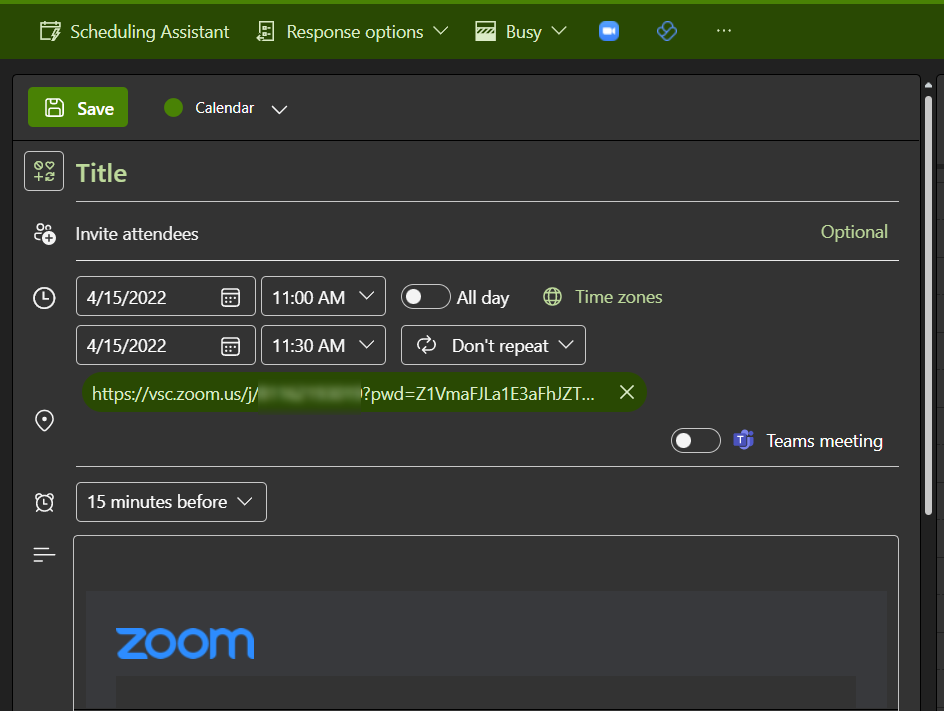 Screenshot showing example of Zoom meeting invite