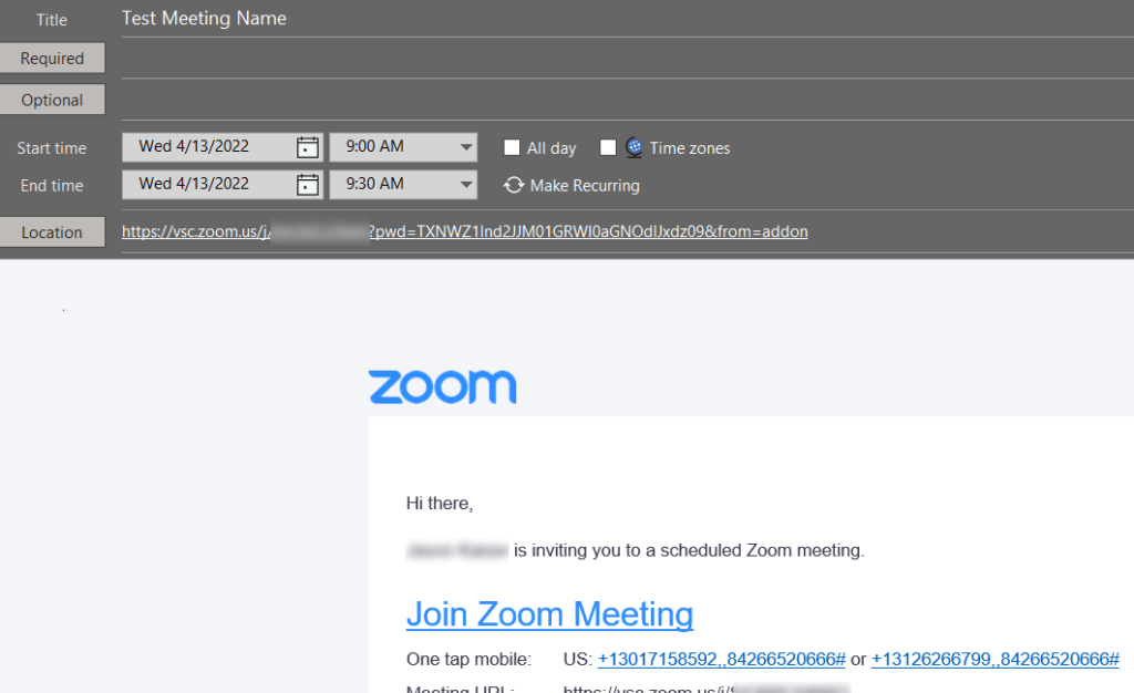 Example Zoom meeting calednar invite