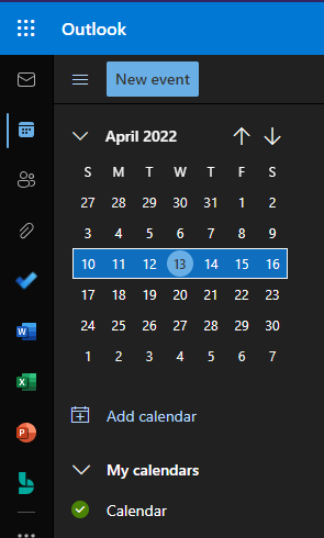 Screenshot showing Outlook calendar selected